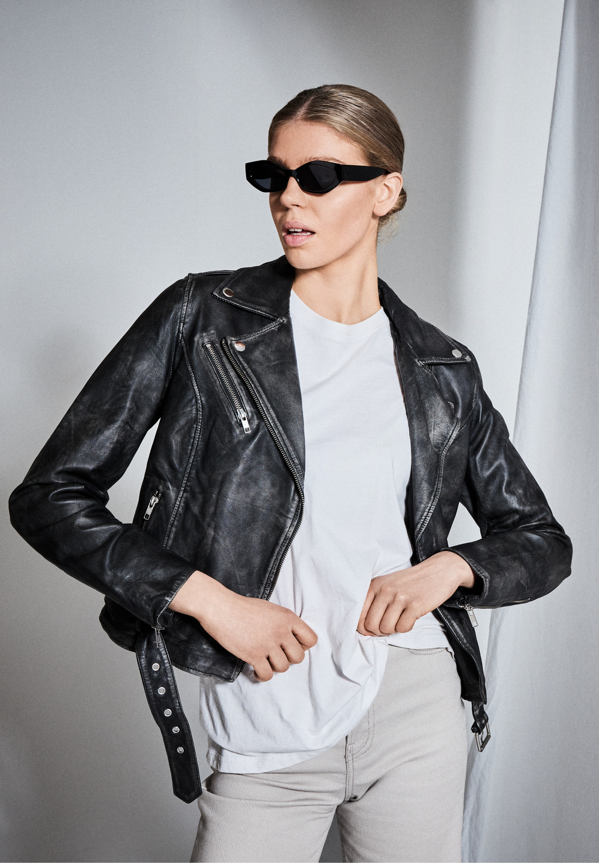 NOTYZ Bikerjakke med bælte Jakker Grey w. Silver acc.