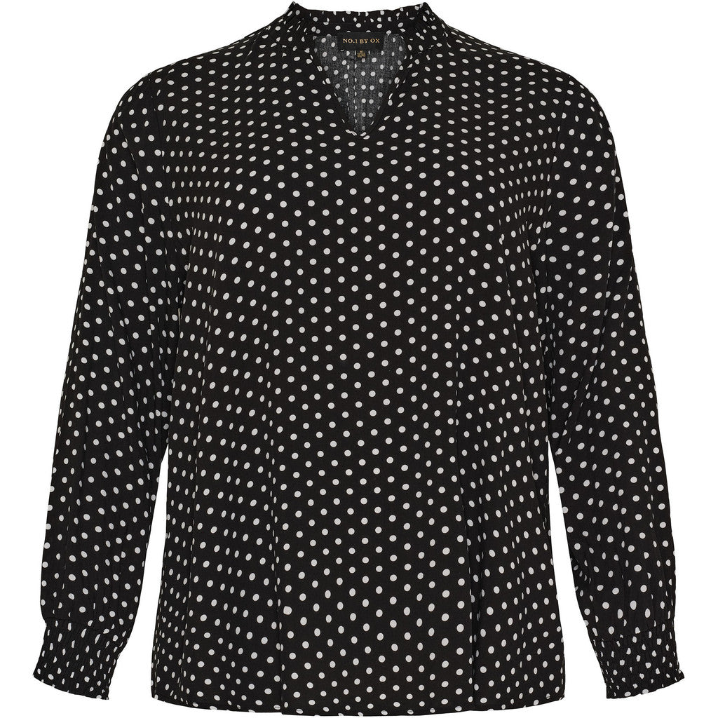 NO. 1 BY OX Blouse V neck w flair in neckline Bluser Black w White Dots