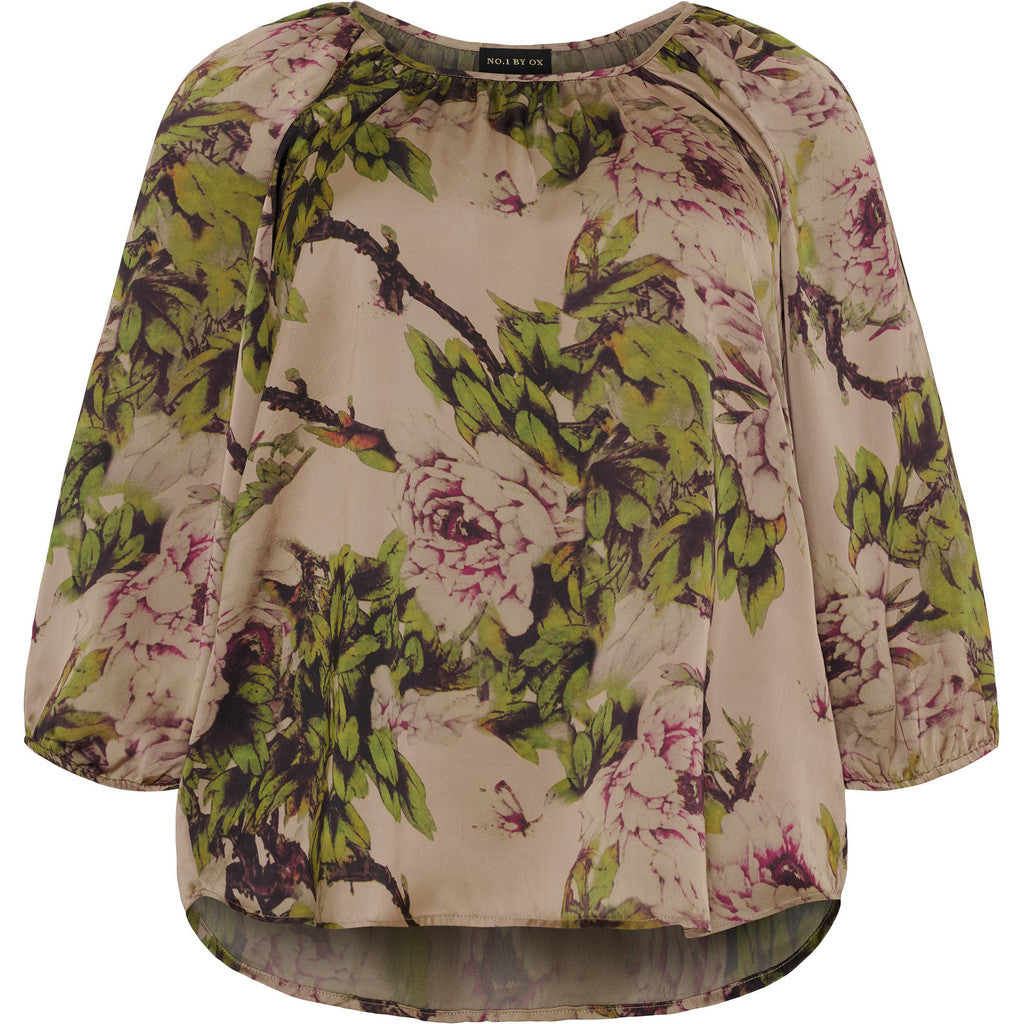 NO. 1 BY OX Bluse med blomsterprint og 3/4 ærmer Bluser Sand with Flower bush print