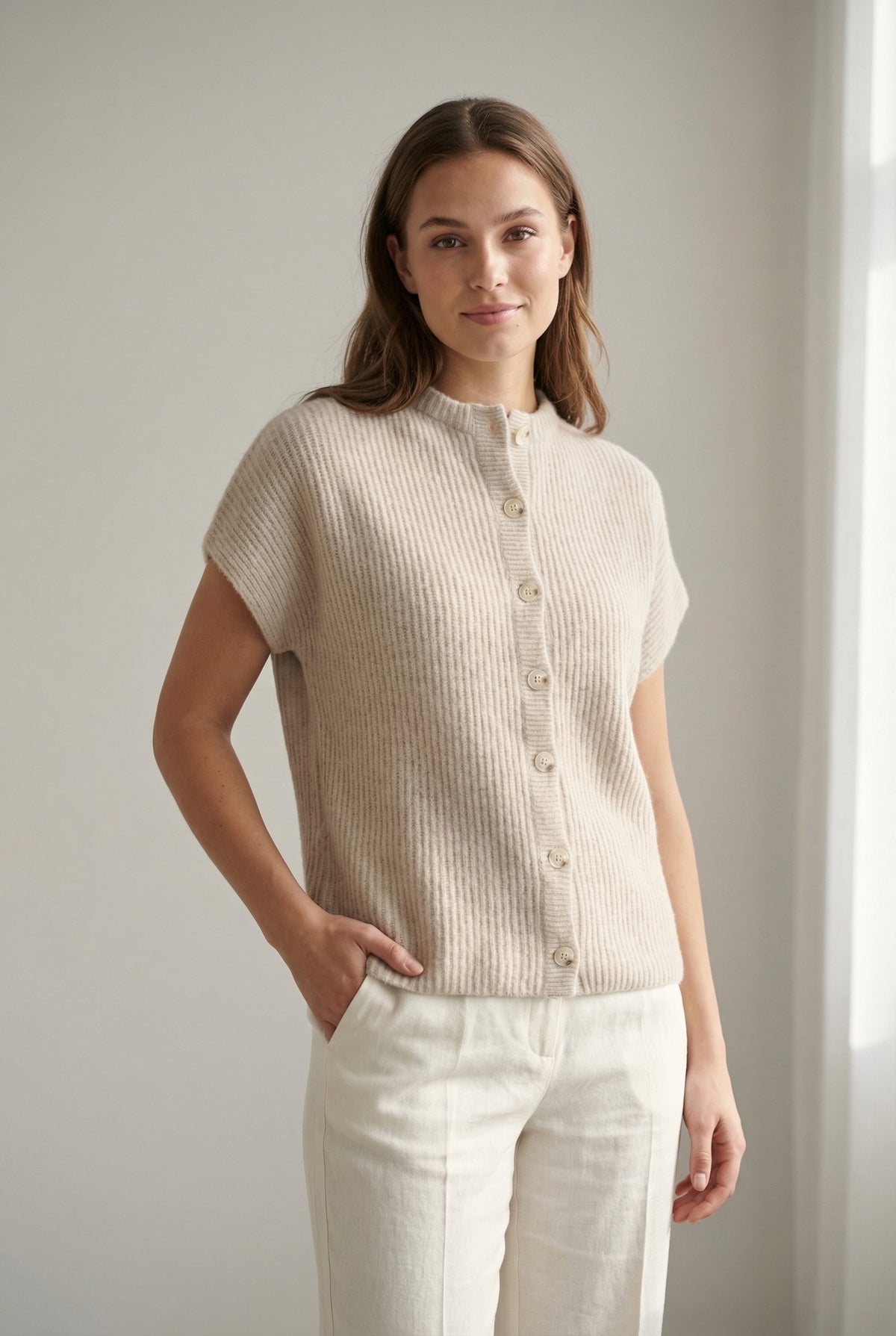BTFCPH Cashmere cardigan med korte ærmer i vaskebjørnsgarn Veste Light Beige