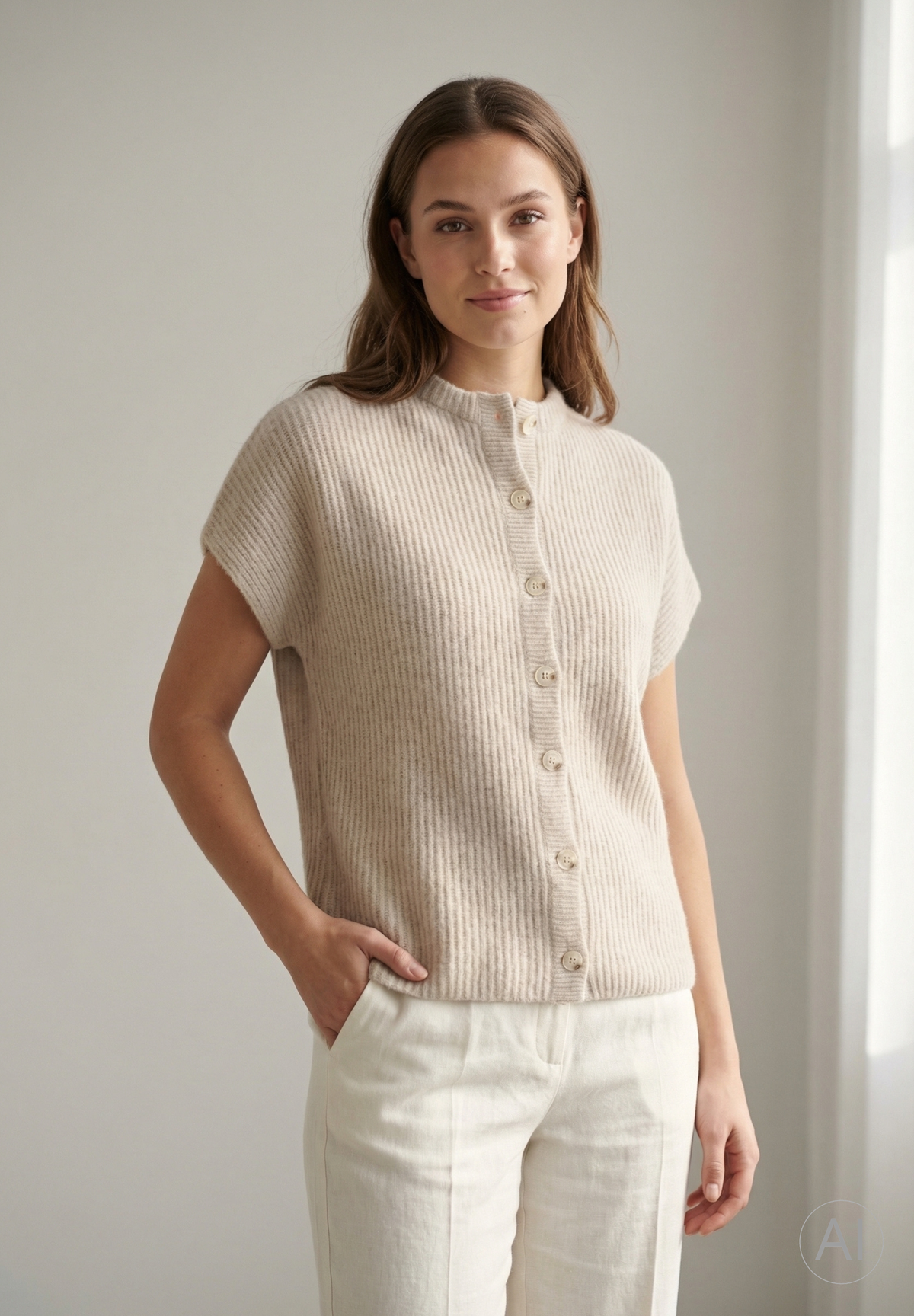 BTFCPH Cashmere cardigan med korte ærmer i vaskebjørnsgarn Veste Light Beige
