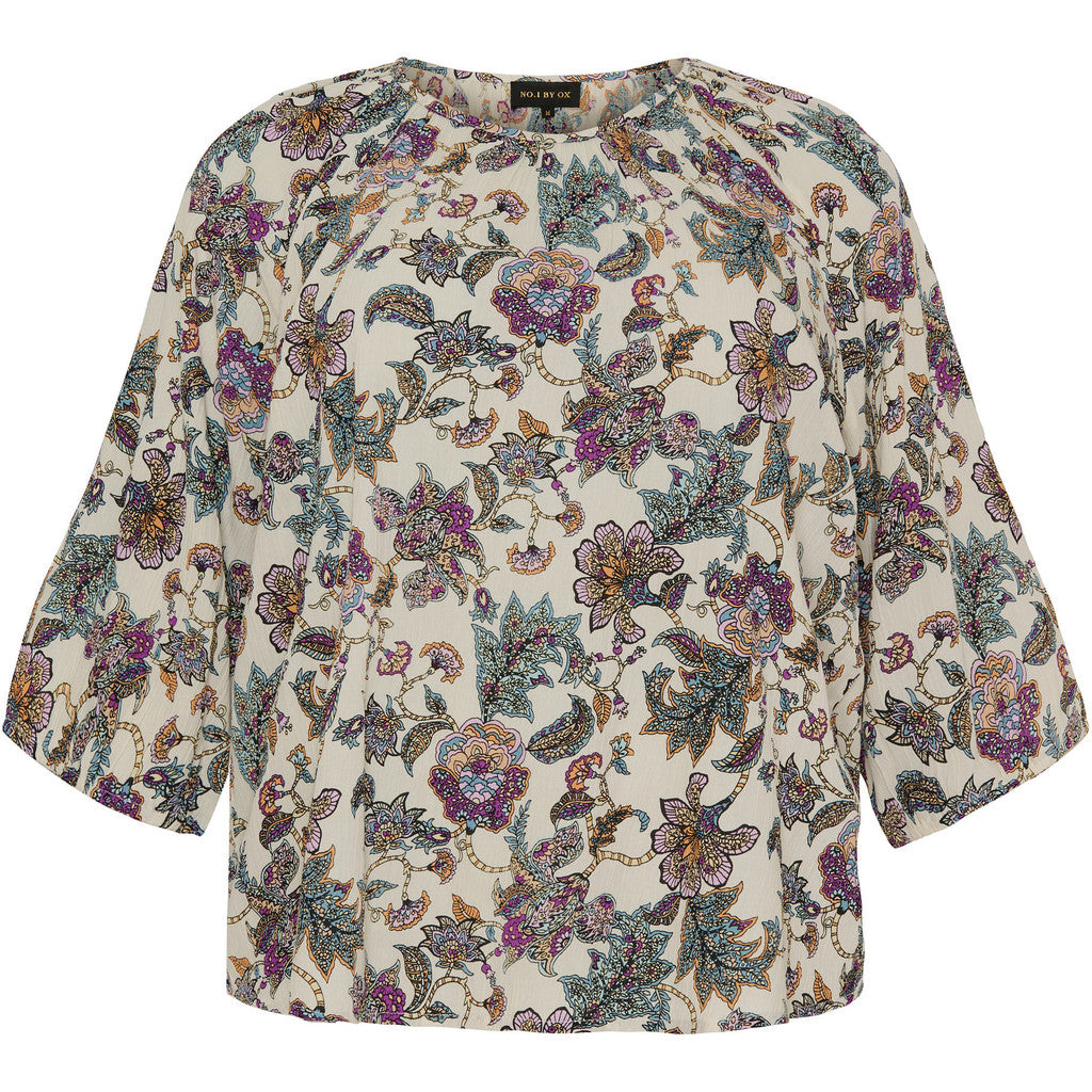 NO. 1 BY OX Elegant bluse med 3/4 ærmer Bluser Cream White w multi coloured graphic print
