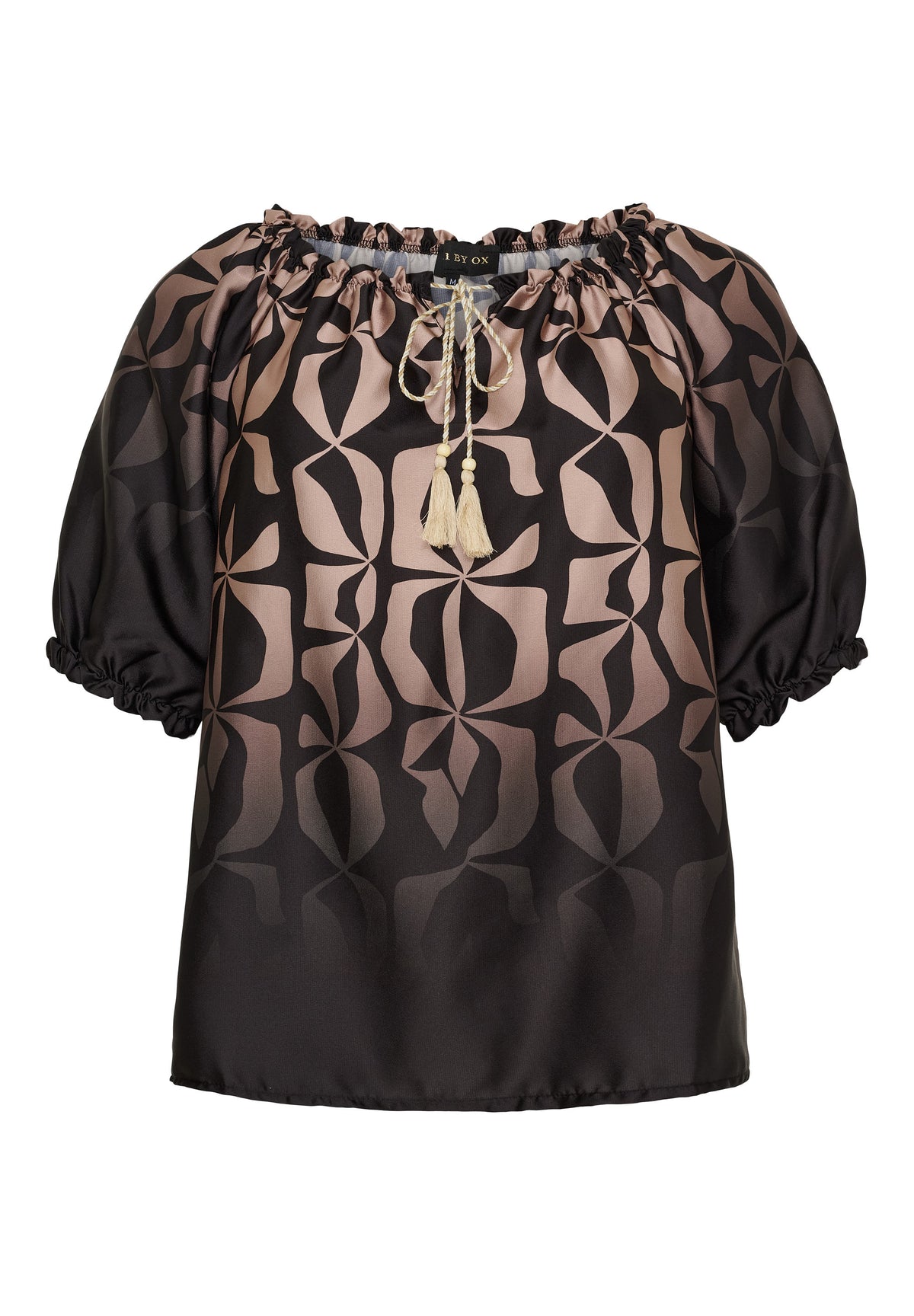 NO. 1 BY OX Elegant bluse med flæse detaljer Bluser Camel and Black Graphic print