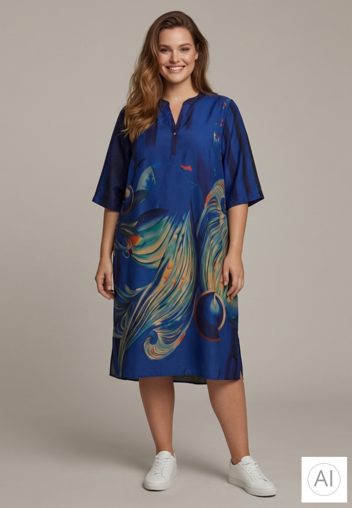 NO. 1 BY OX Elegant kjole Kjoler Dark Cobalt Blue w big graphic print