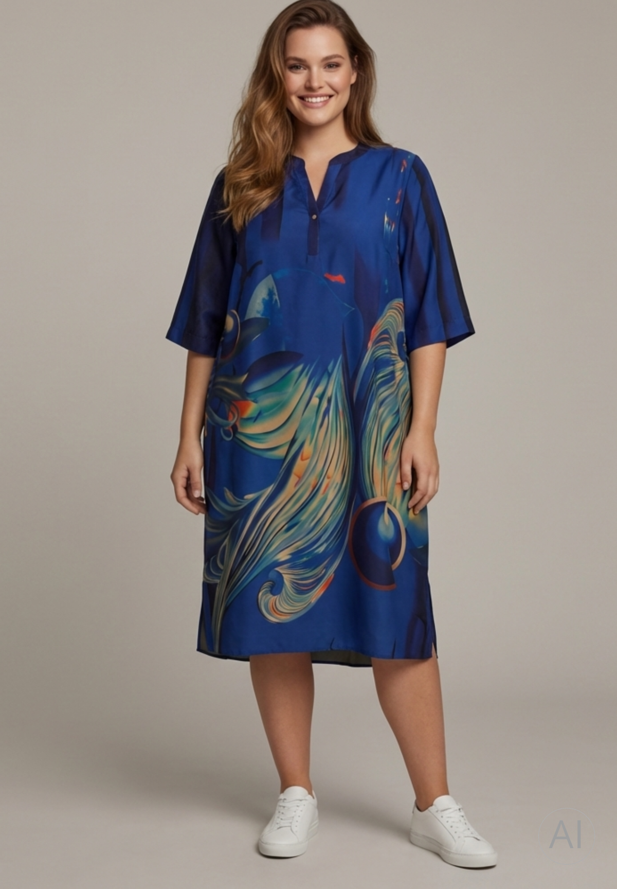 NO. 1 BY OX Elegant kjole Kjoler Dark Cobalt Blue w big graphic print