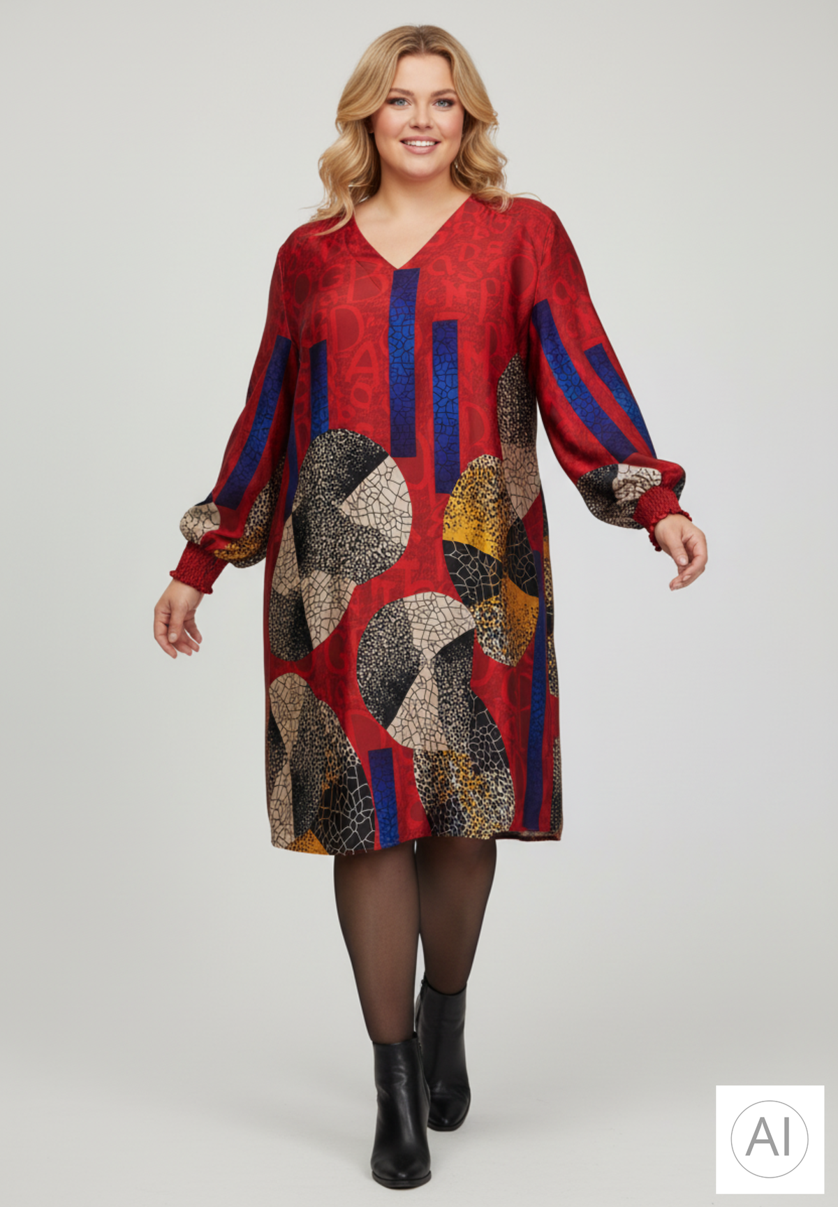 NO. 1 BY OX Elegant kjole med V-udskæring Kjoler Deep Red w coloured graphic print