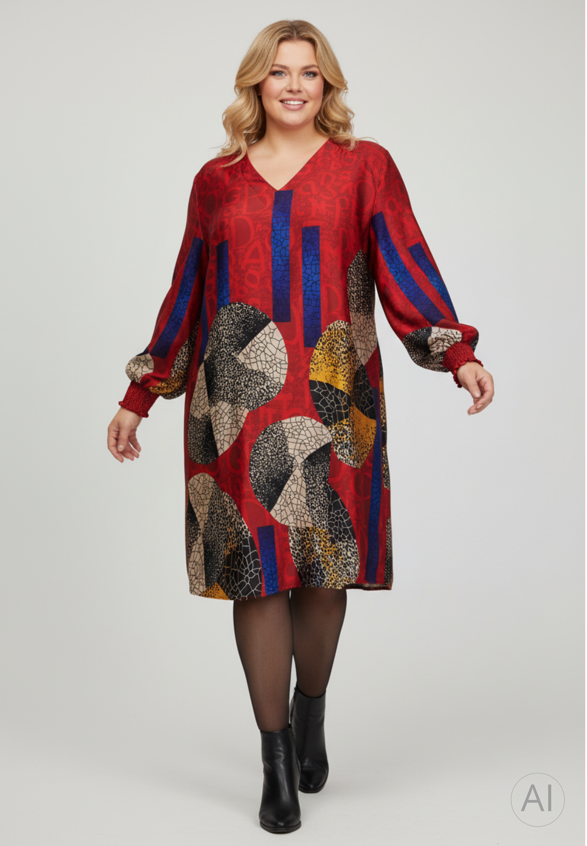 NO. 1 BY OX Elegant kjole med V-udskæring Kjoler Deep Red w coloured graphic print