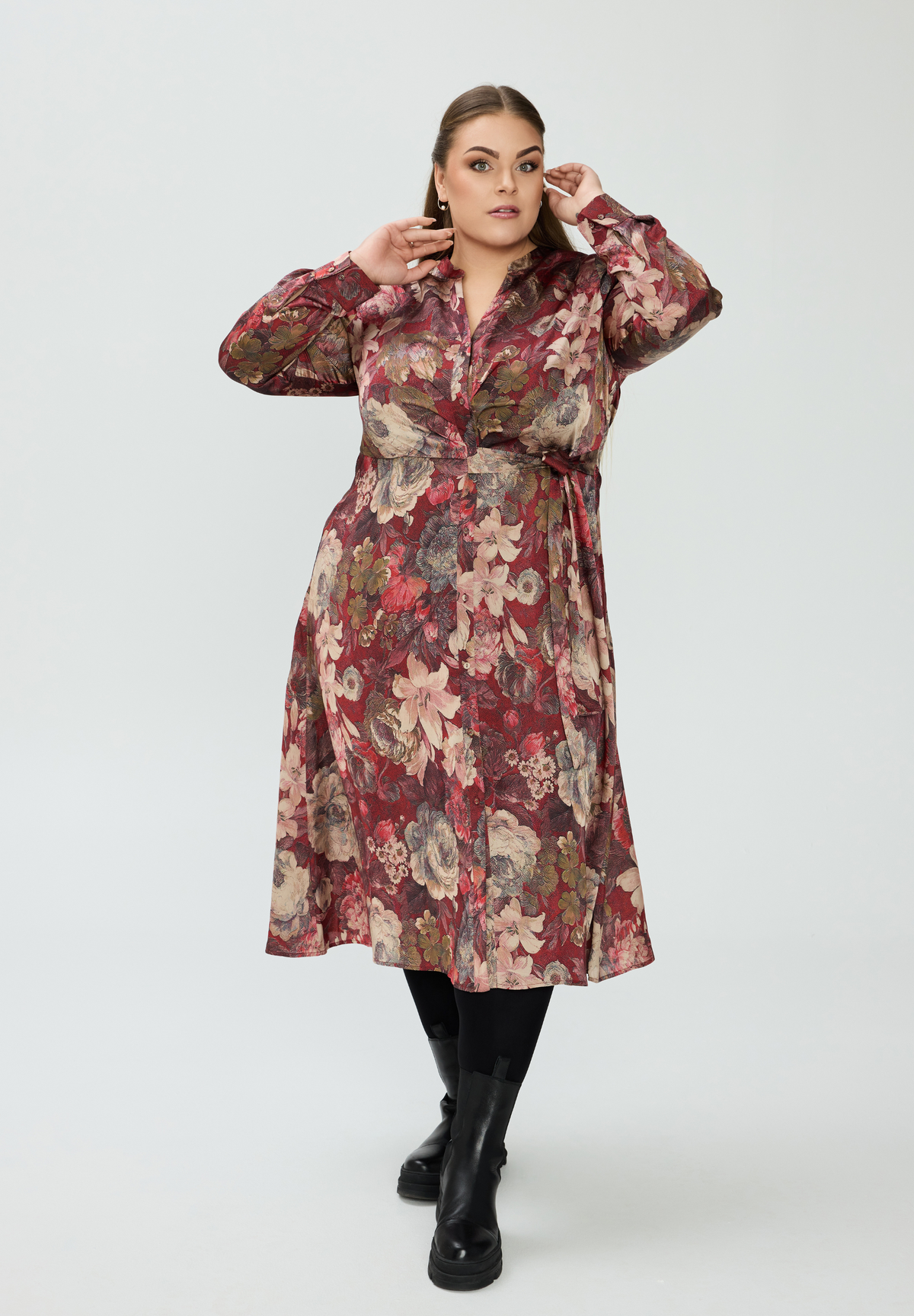 NO. 1 BY OX Elegant kjole med bindebånd Kjoler Dark Pompeian Red w Marmelade Rose flowers