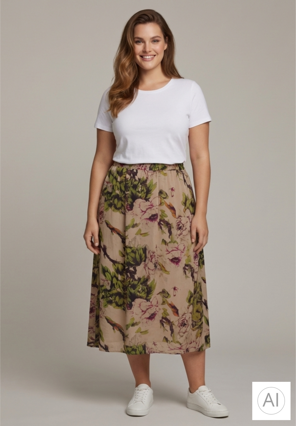NO. 1 BY OX Elegant nederdel med blomsterprint Nederdele Sand with Flower bush print
