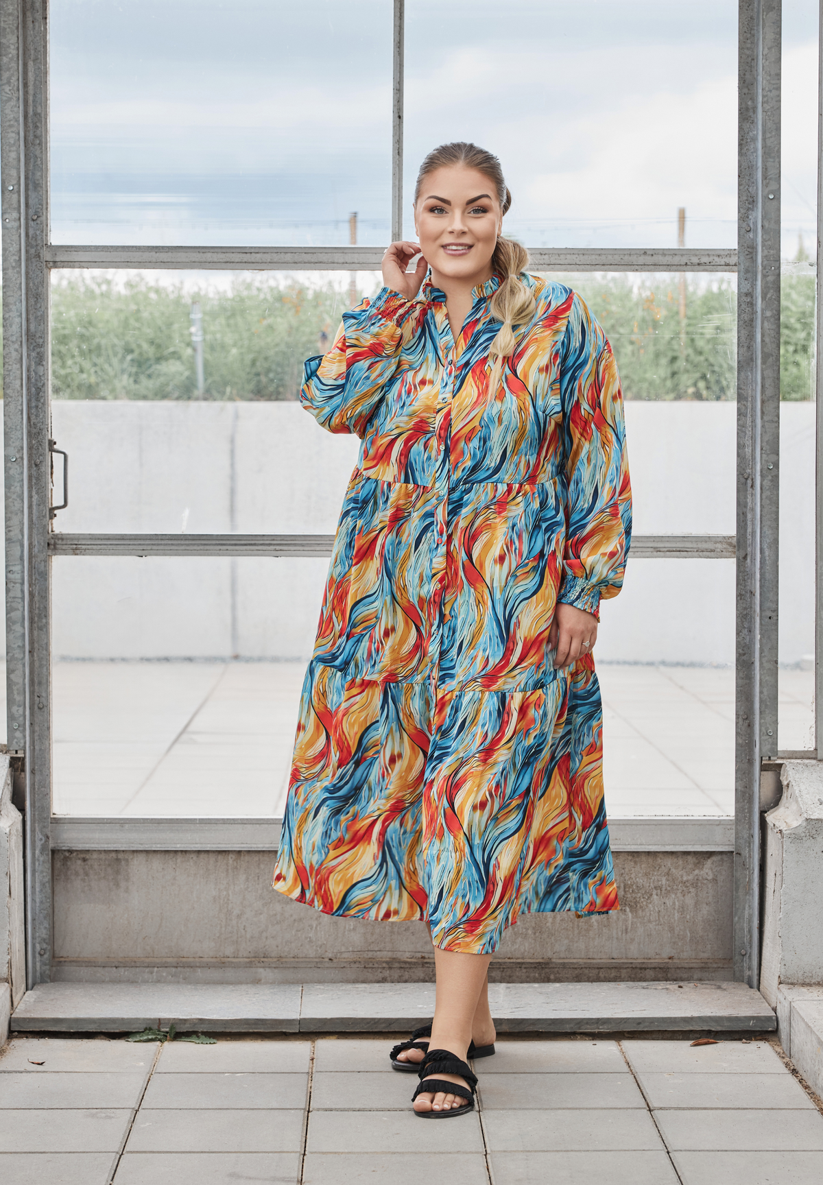 NO. 1 BY OX Farverig kjole med lange ærmer Kjoler Bright Multi coloured Wave print