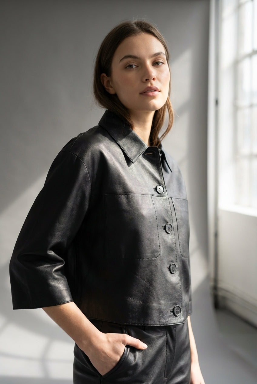 NOTYZ Jakke i læder med 3/4 ærmer Jakker Sort