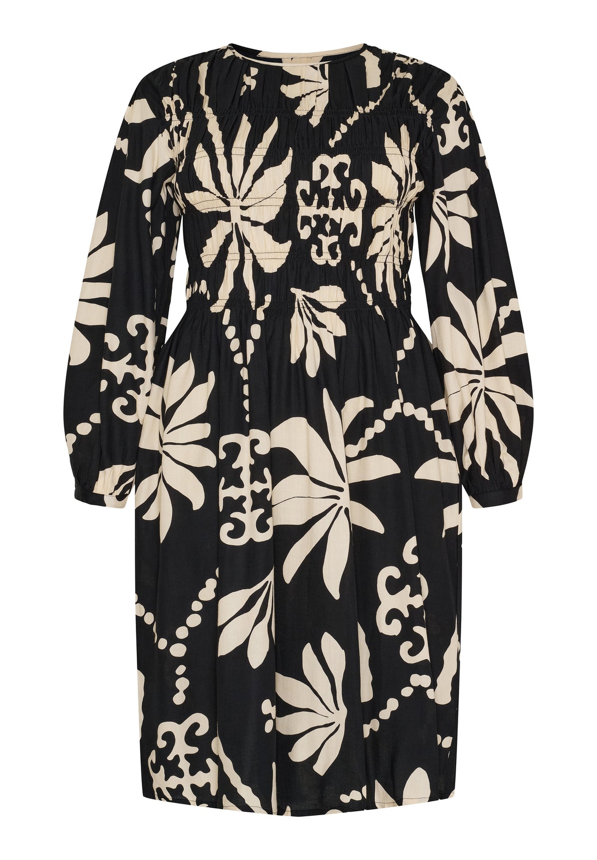 NO. 1 BY OX Klassisk og feminin kjole med smock-detaljer Kjoler Black/White leaf print