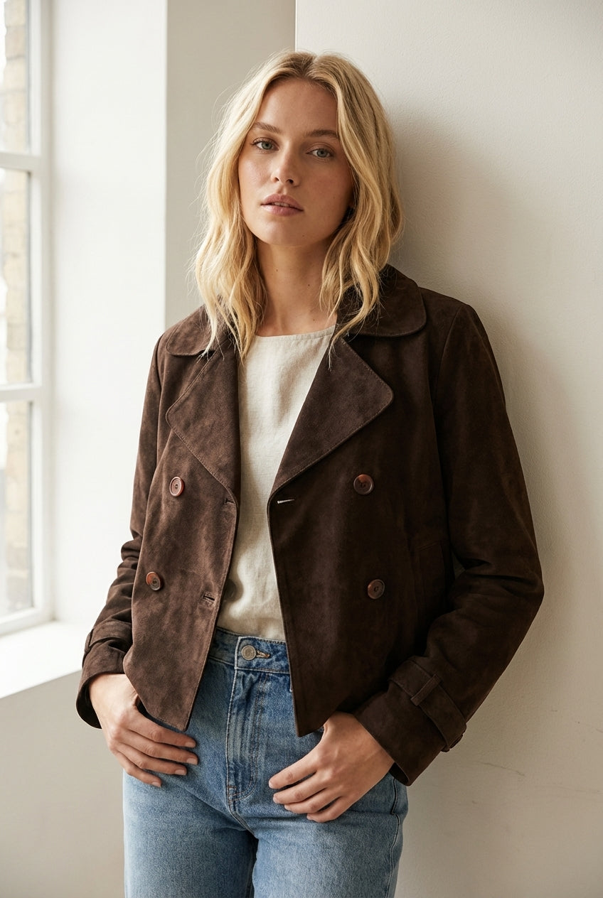 NOTYZ Kort trenchcoat i ruskind Jakker Dark Chocolate Brown