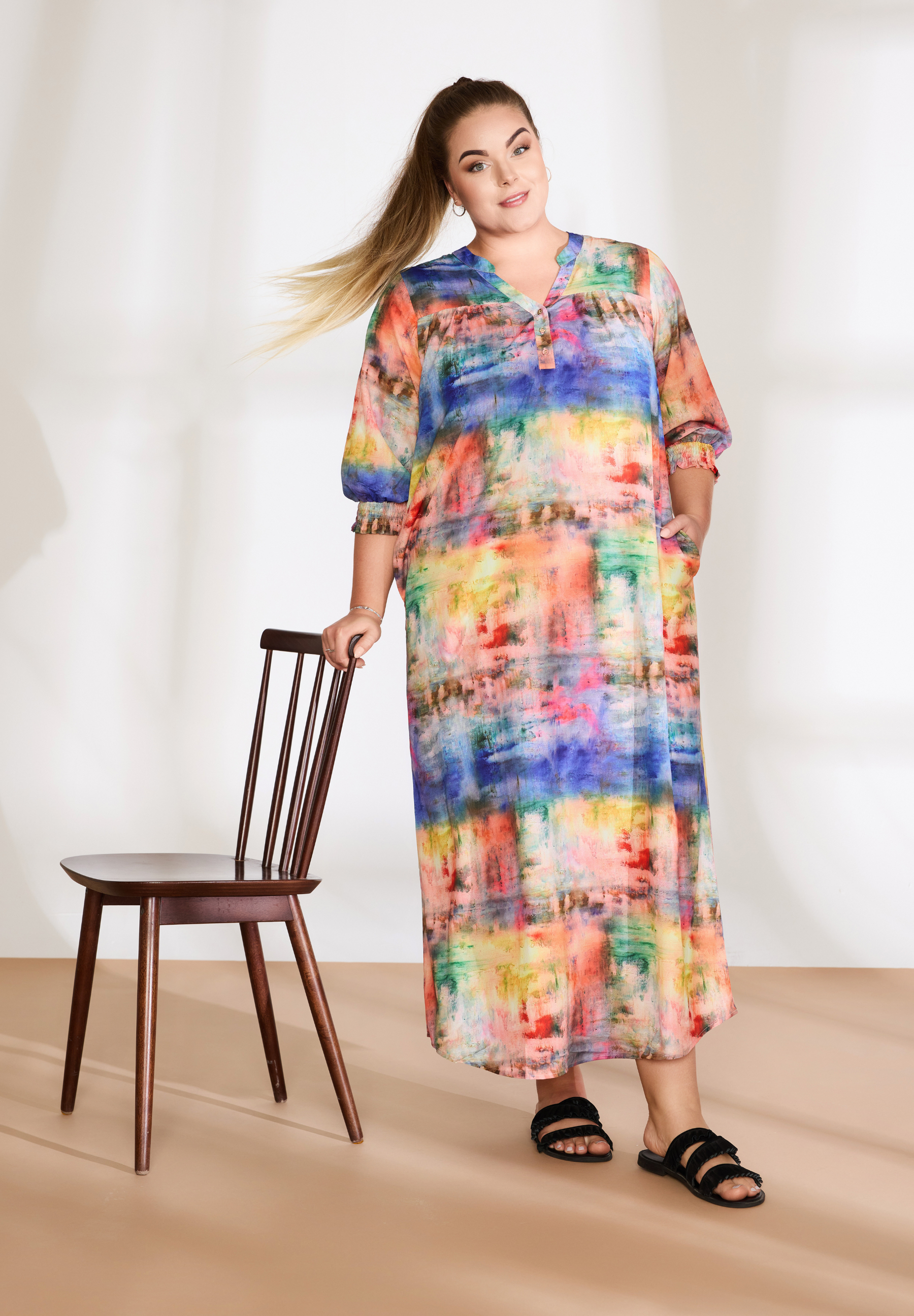 NO. 1 BY OX Lang farverig kjole Kjoler Multicolored print