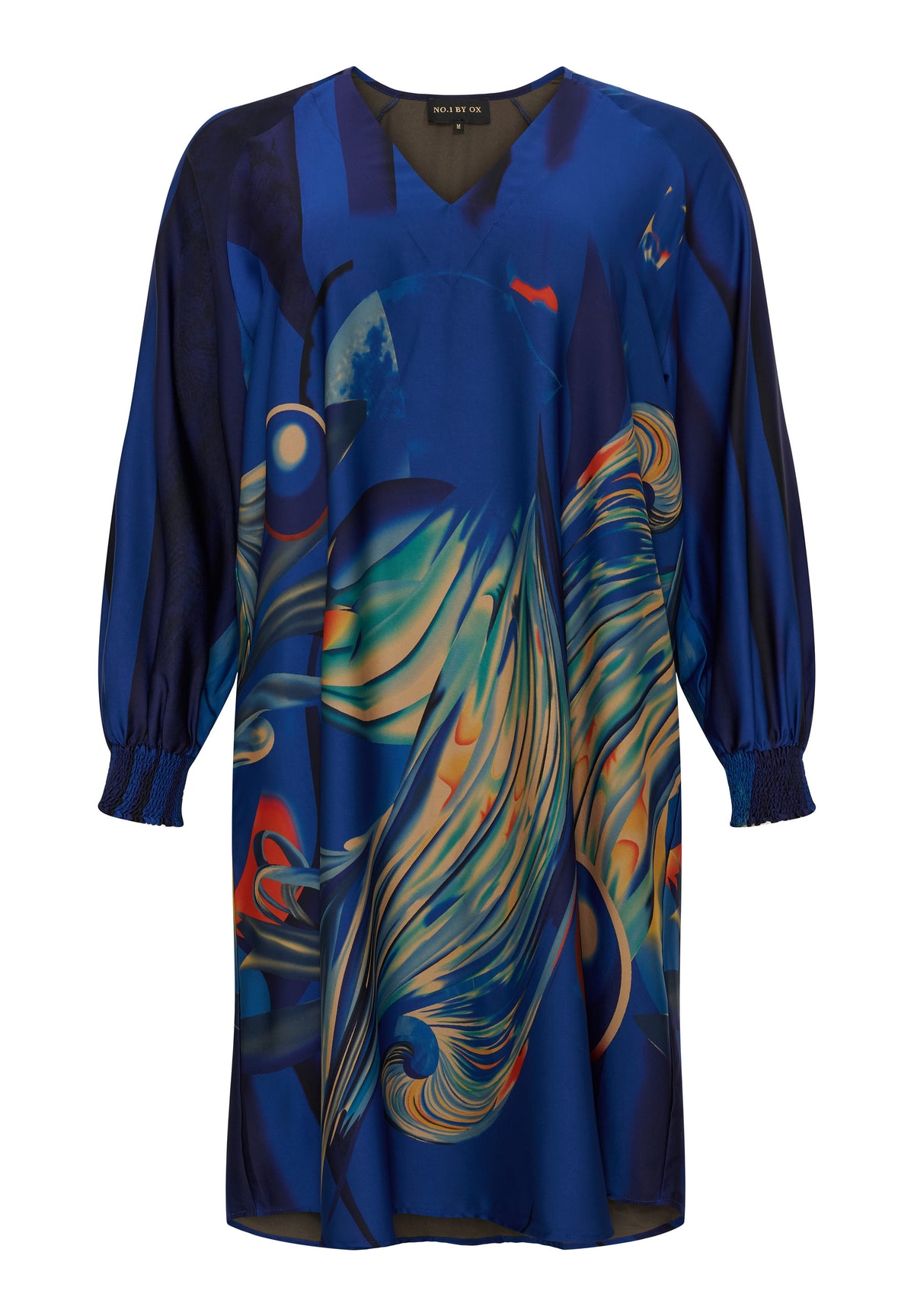 NO. 1 BY OX Løs V-hals kjole med lange ærmer og smock manchetter Kjoler Dark Cobalt Blue w big graphic print