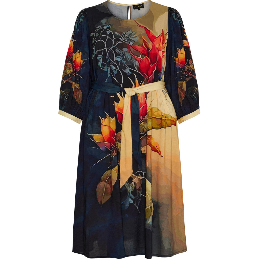 NO. 1 BY OX Long Dress w 3/4 puff sleeves Kjoler Dark Blue w Red Flowers