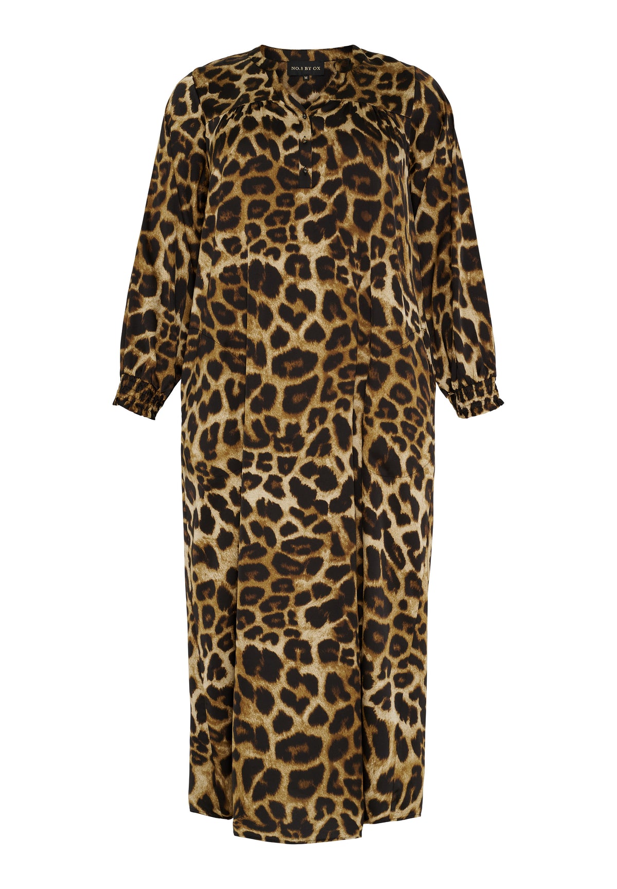 NO. 1 BY OX Long Dress w 3/4 sleeves and smock cuffs Kjoler Mocca Brown Leo Print