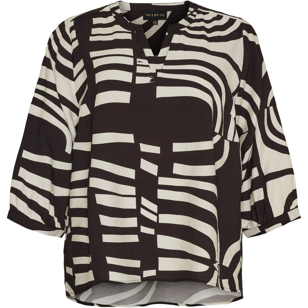 NO. 1 BY OX Loose Blouse V neck and 3/4 sleeves Bluser Cream White w Dark Brown graphic pattern