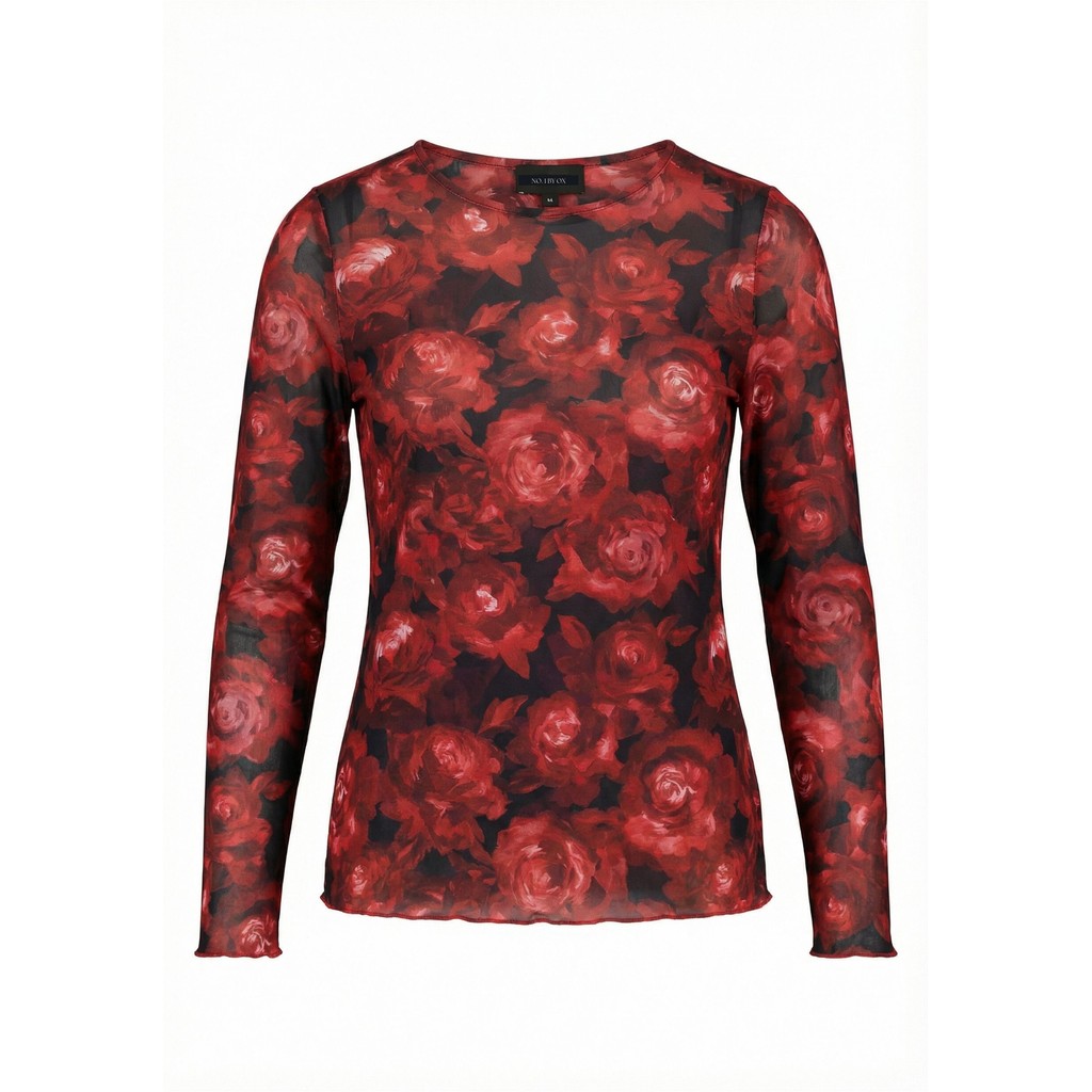 NO. 1 BY OX Mesh O neck Blouse LS Bluser Red Black Flowers