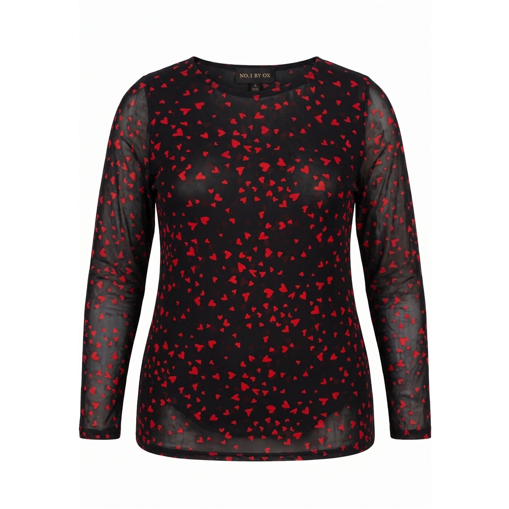 NO. 1 BY OX Mesh O neck Blouse LS Bluser Black w Red Hearts