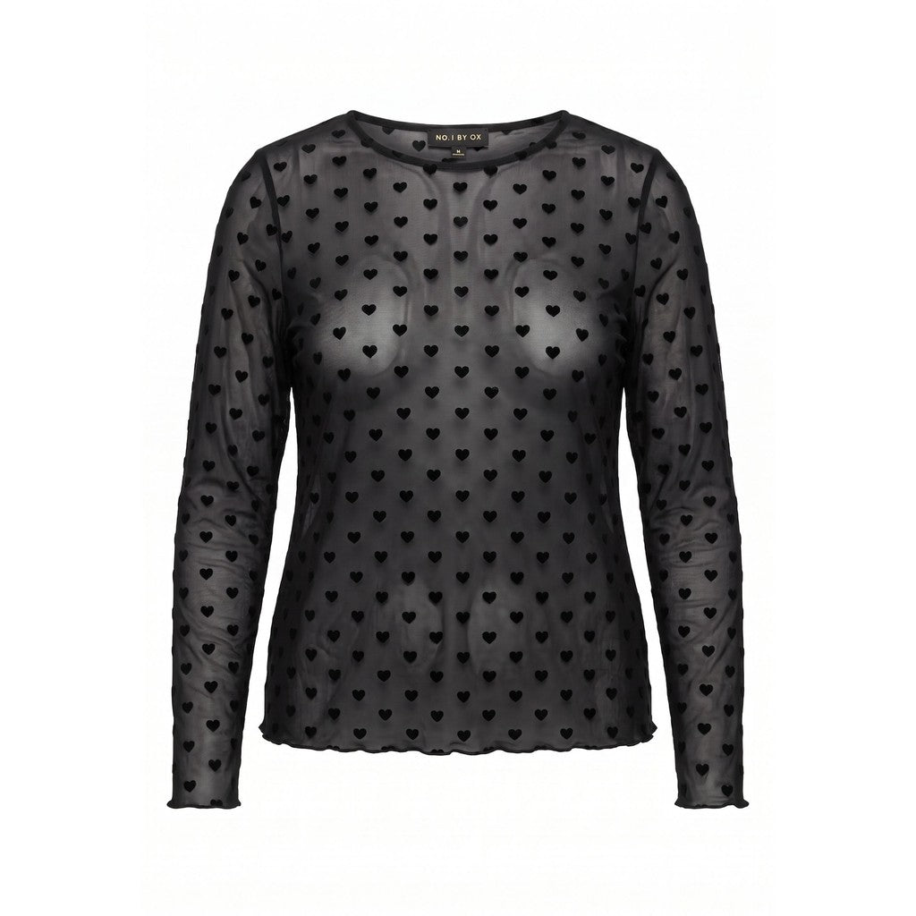 NO. 1 BY OX Mesh O neck Blouse LS Bluser Black w Black hearts
