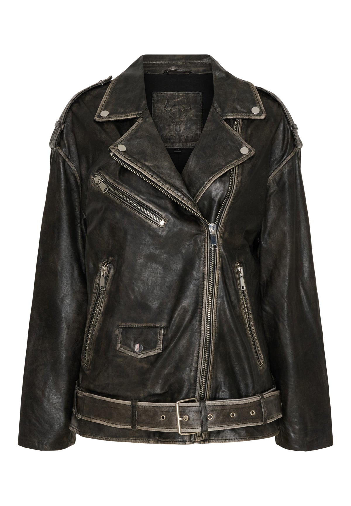 NOTYZ Oversized bikerjakke med bælte Jakker Black/White w. Silver acc.