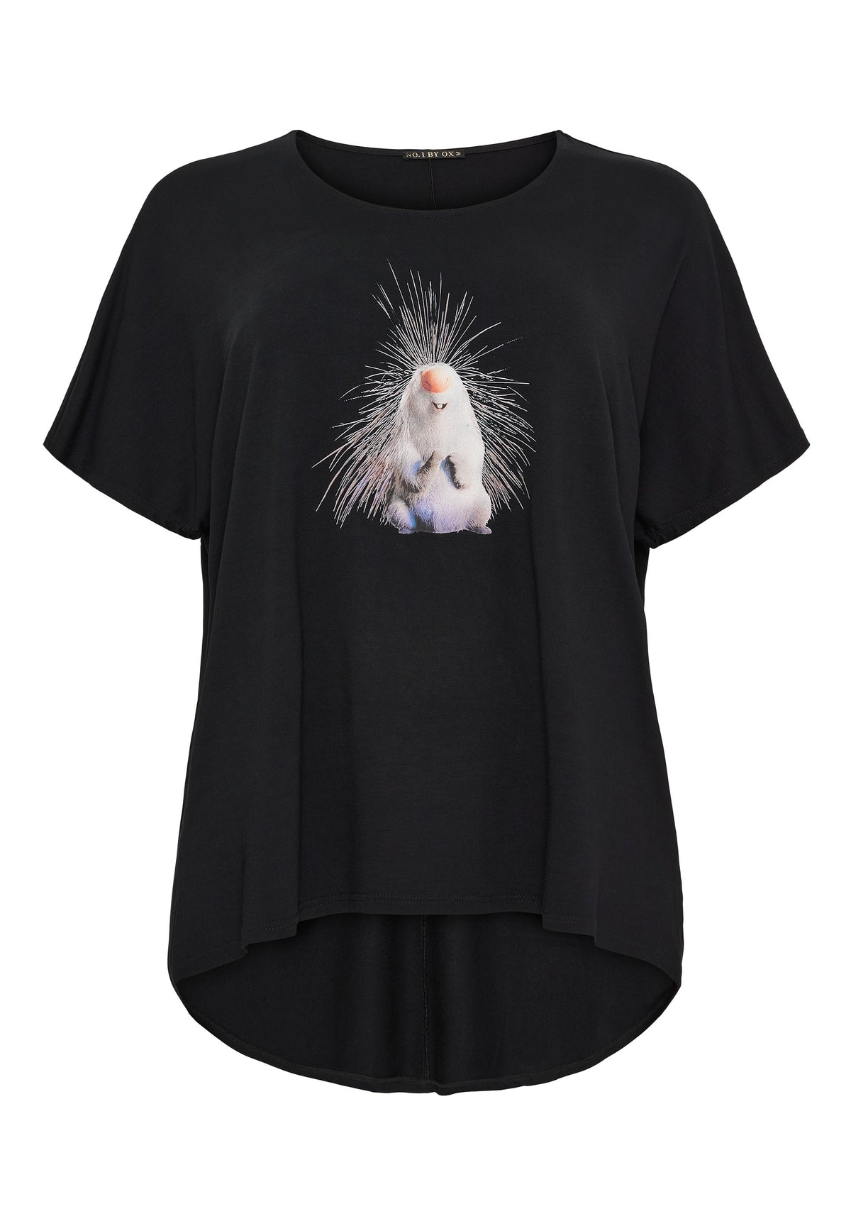 NO. 1 BY OX T-shirt, high/low w batwing sleeves (Hedgehog colored print) T-shirts Sort