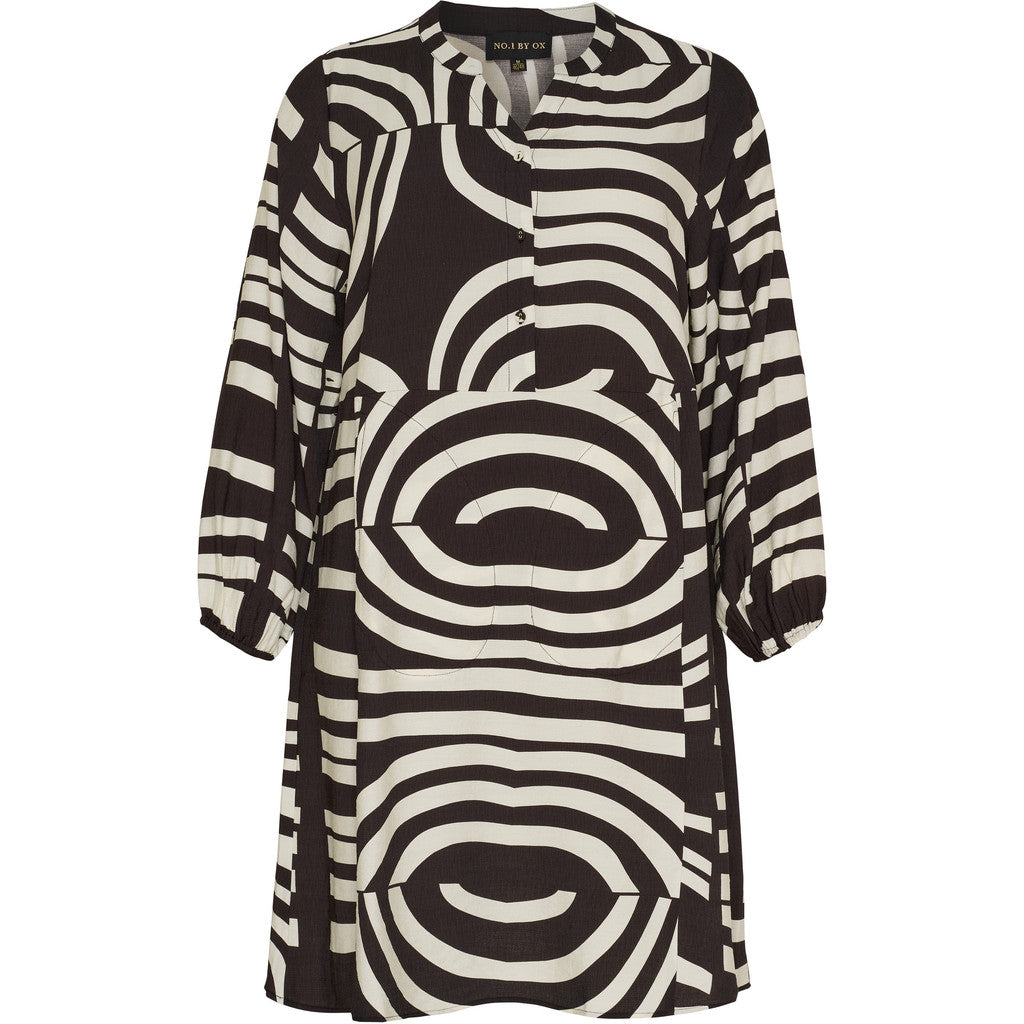 NO. 1 BY OX Tunic Dress V neck opening and LS Kjoler Cream White w Dark Brown graphic pattern
