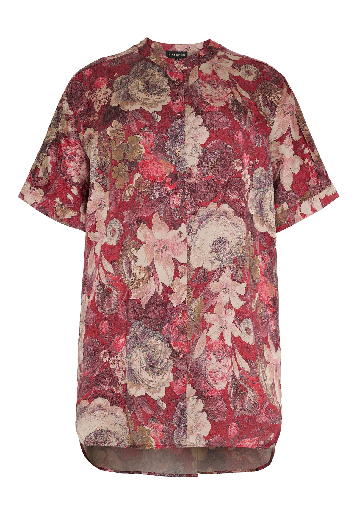 NO. 1 BY OX Tunika kjole Bluser Dark Pompeian Red w Marmelade Rose flowers
