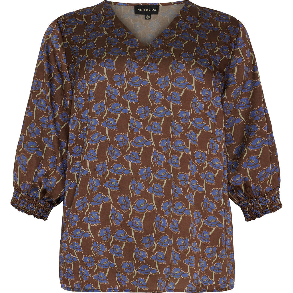 NO. 1 BY OX V neck Blouse 1/2 sleeves smock cuffs Bluser Stone Brown w Snorkel Blue Flowers