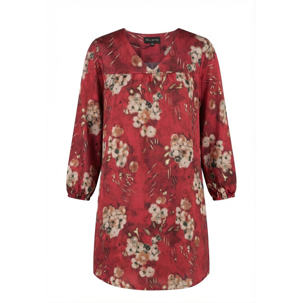 NO. 1 BY OX V neck Dress LS yoke front and back Kjoler Deep Red w Camel Brown Flowers w gold lines