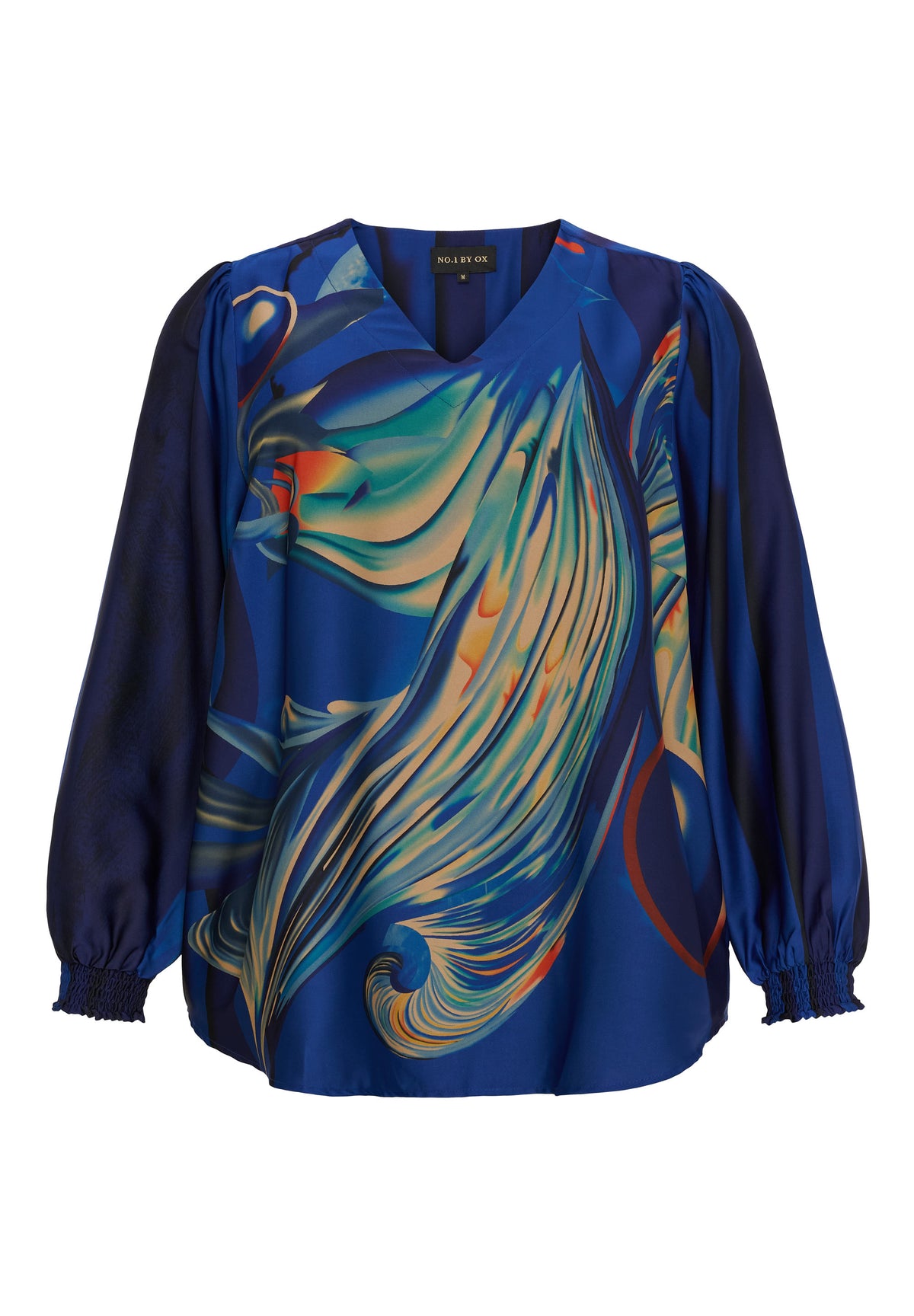 NO. 1 BY OX V neck blouse and LS smock cuffs Bluser Dark Cobalt Blue w big graphic print