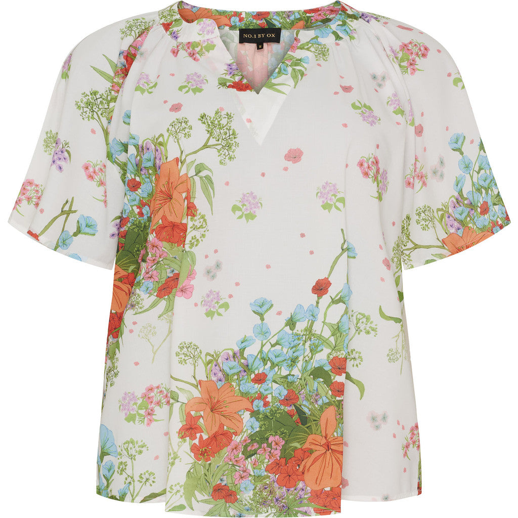 NO. 1 BY OX V neck blouse and flair 1/2 sleeves Bluser Cream White w Flowers Bouquet