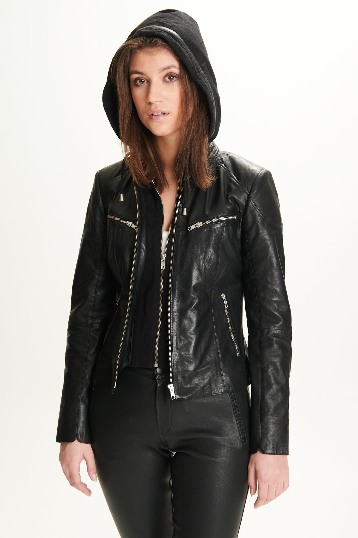 NOTYZ Biker læderjakke med hætte Jakker Sort