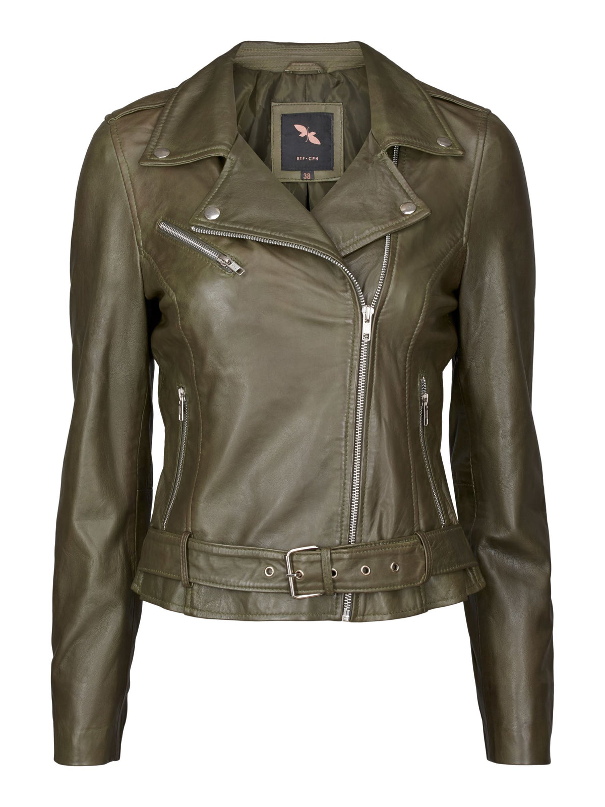 BTFCPH Bikerjakke i læder med bælte Jakker Grøn
