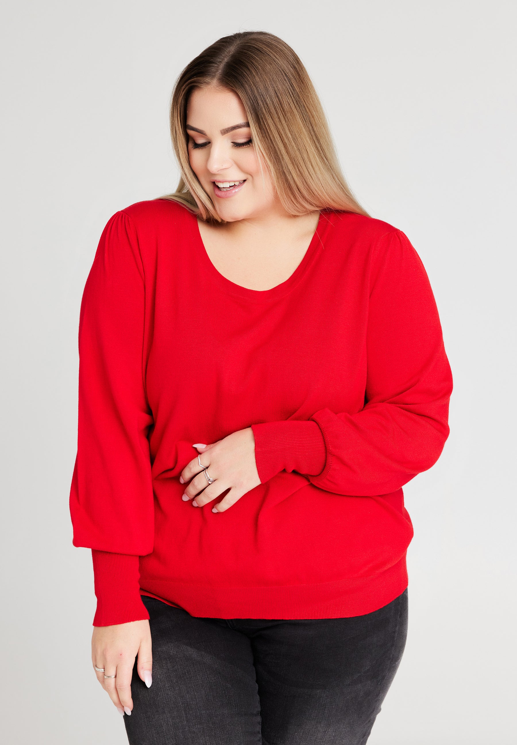 NO. 1 BY OX Finstrikket bluse med ballonærmer Bluser Rød
