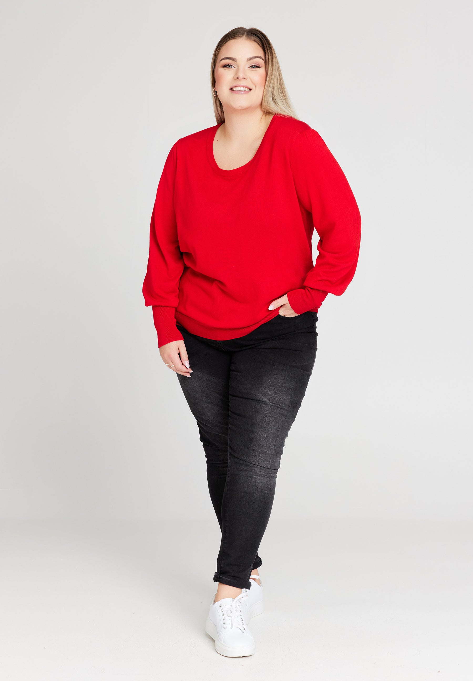 NO. 1 BY OX Finstrikket bluse med ballonærmer Bluser Rød
