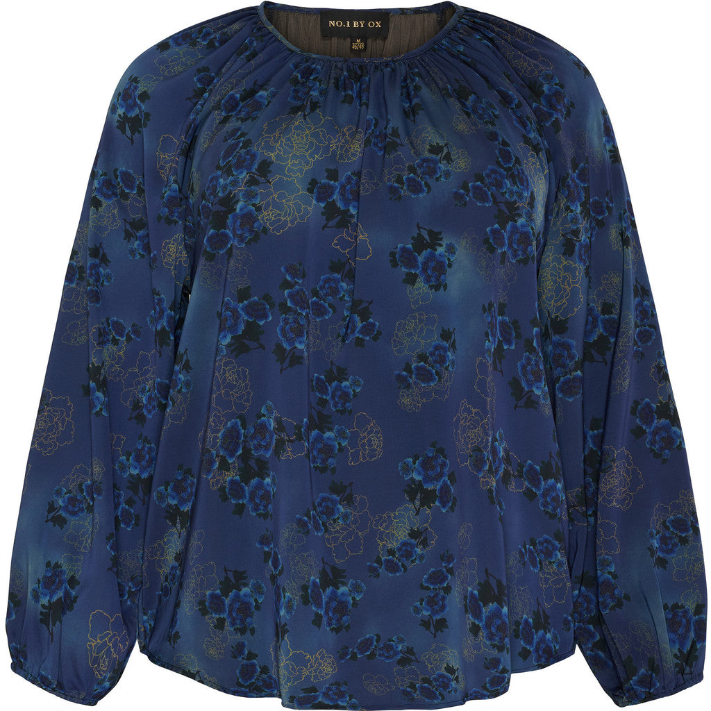 NO. 1 BY OX BLouse LS w wrinkles in neckline Bluser Snorkel Blue w Blue Gold Flowers