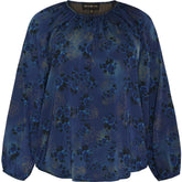 NO. 1 BY OX BLouse LS w wrinkles in neckline Bluser Snorkel Blue w Blue Gold Flowers