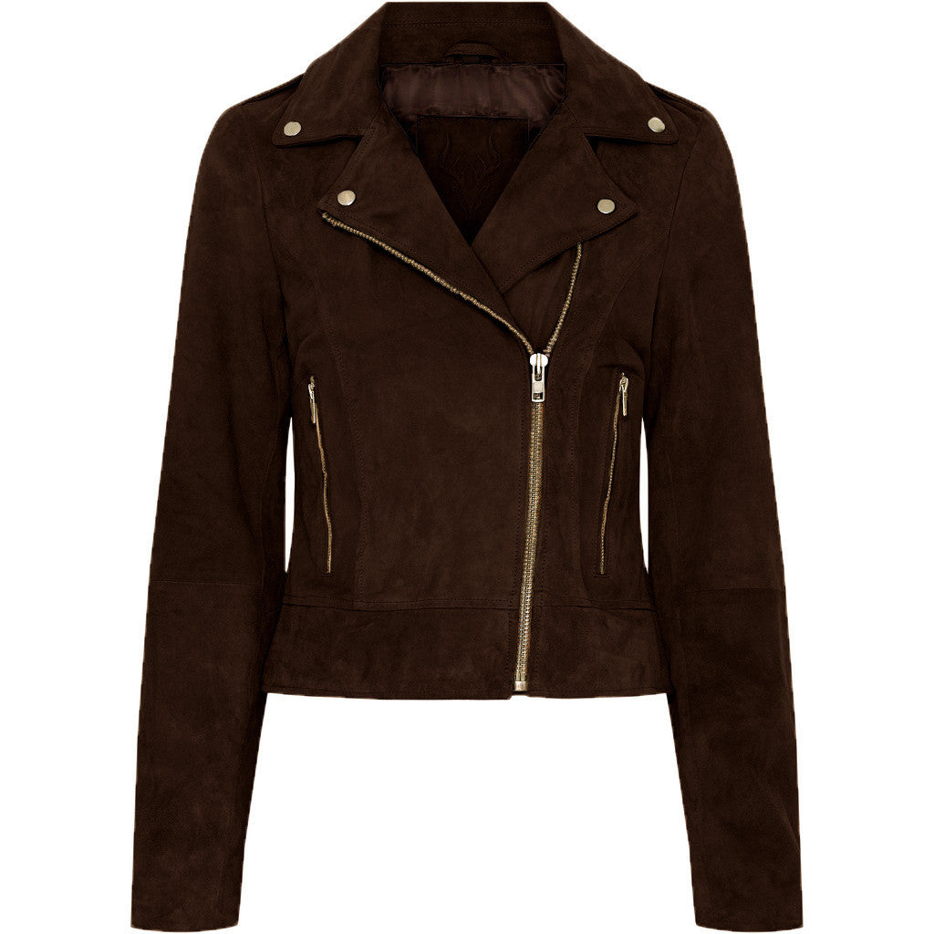 NOTYZ Bikerjakke i ruskind Jakker Dark Chocolate Brown w. Light Gold acc.