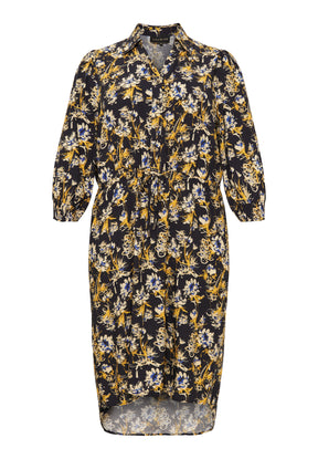 NO. 1 BY OX Blomsterprintet kjole i 100% viskose Kjoler Navy Blue w Yellow and Blue Graphic Print