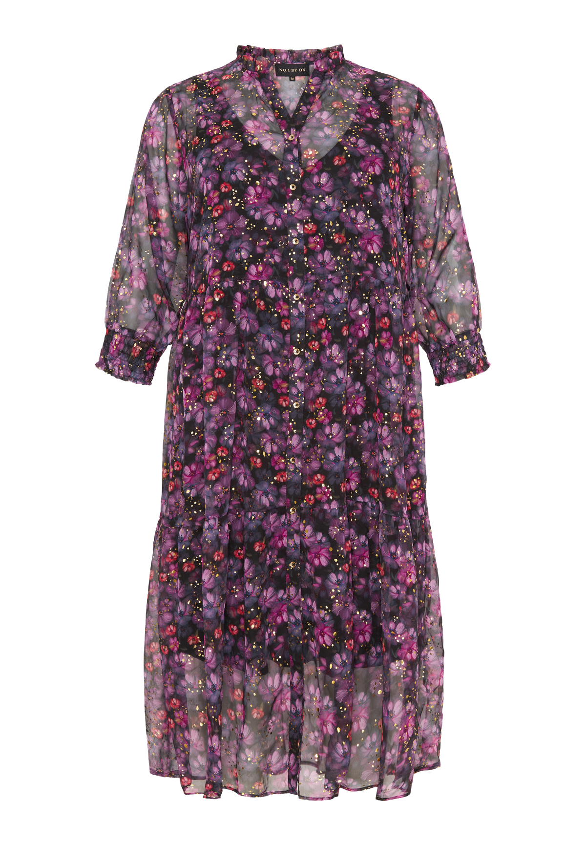 NO. 1 BY OX Blomsterprintet kjole med guld prikker Kjoler Black w Purple, Gold Flowers