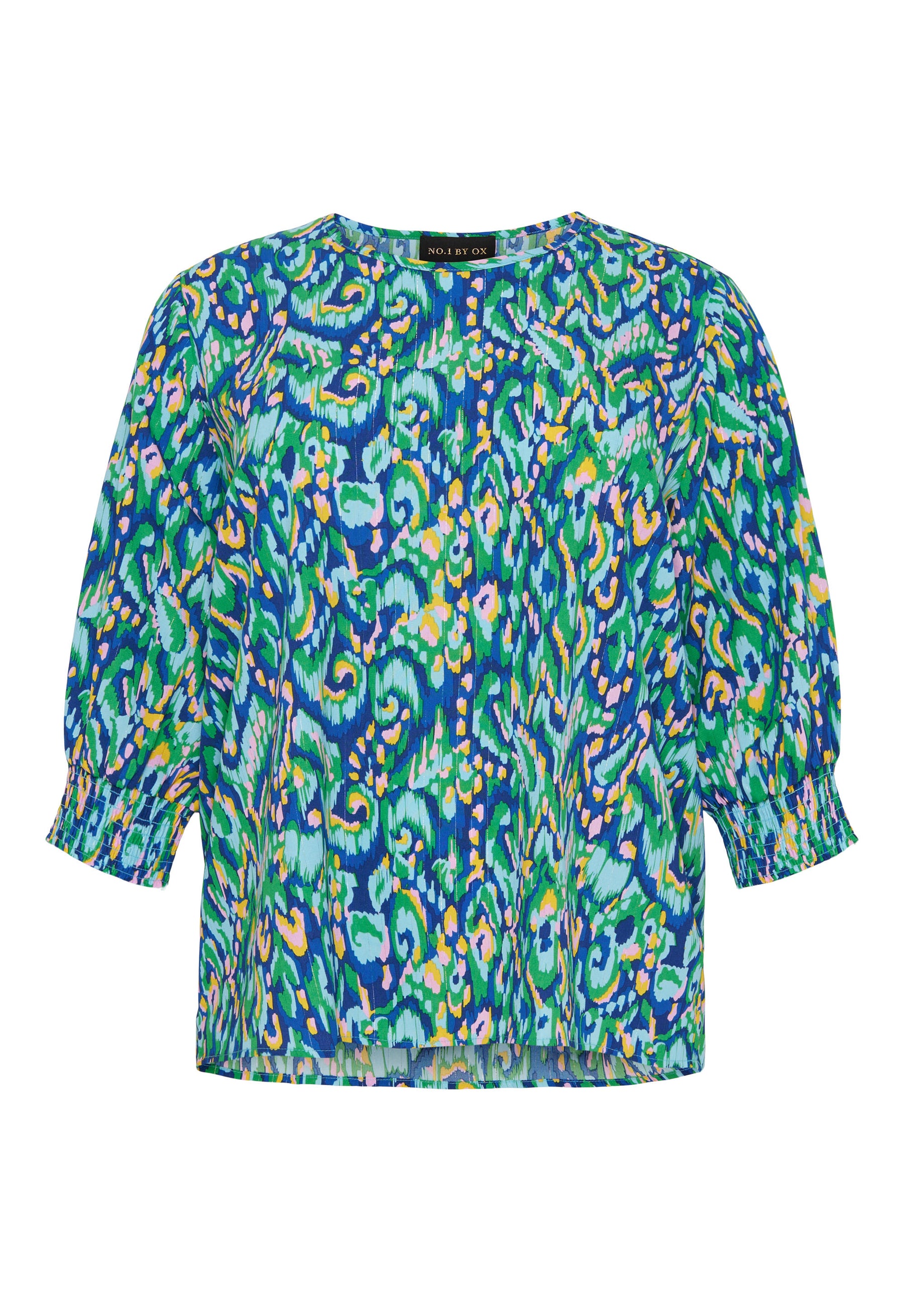 NO. 1 BY OX Blouse w 1/2 Sleeves and smock Cuffs Bluser Blue w Spring Green and Rose Pink graphic Print