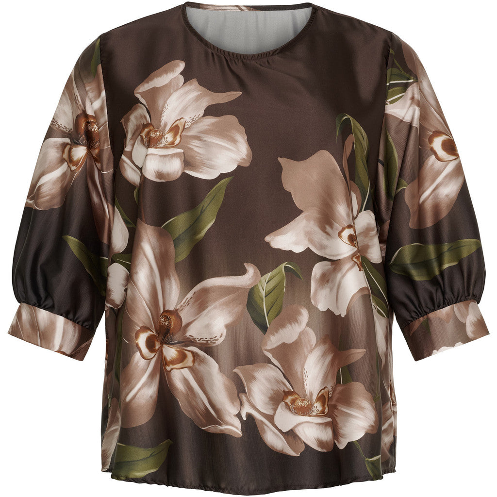 NO. 1 BY OX Blouse w 1/2 sleeves Bluser Dark Brown w Big Flowers