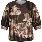 NO. 1 BY OX Blouse w 1/2 sleeves Bluser Dark Brown w Big Flowers
