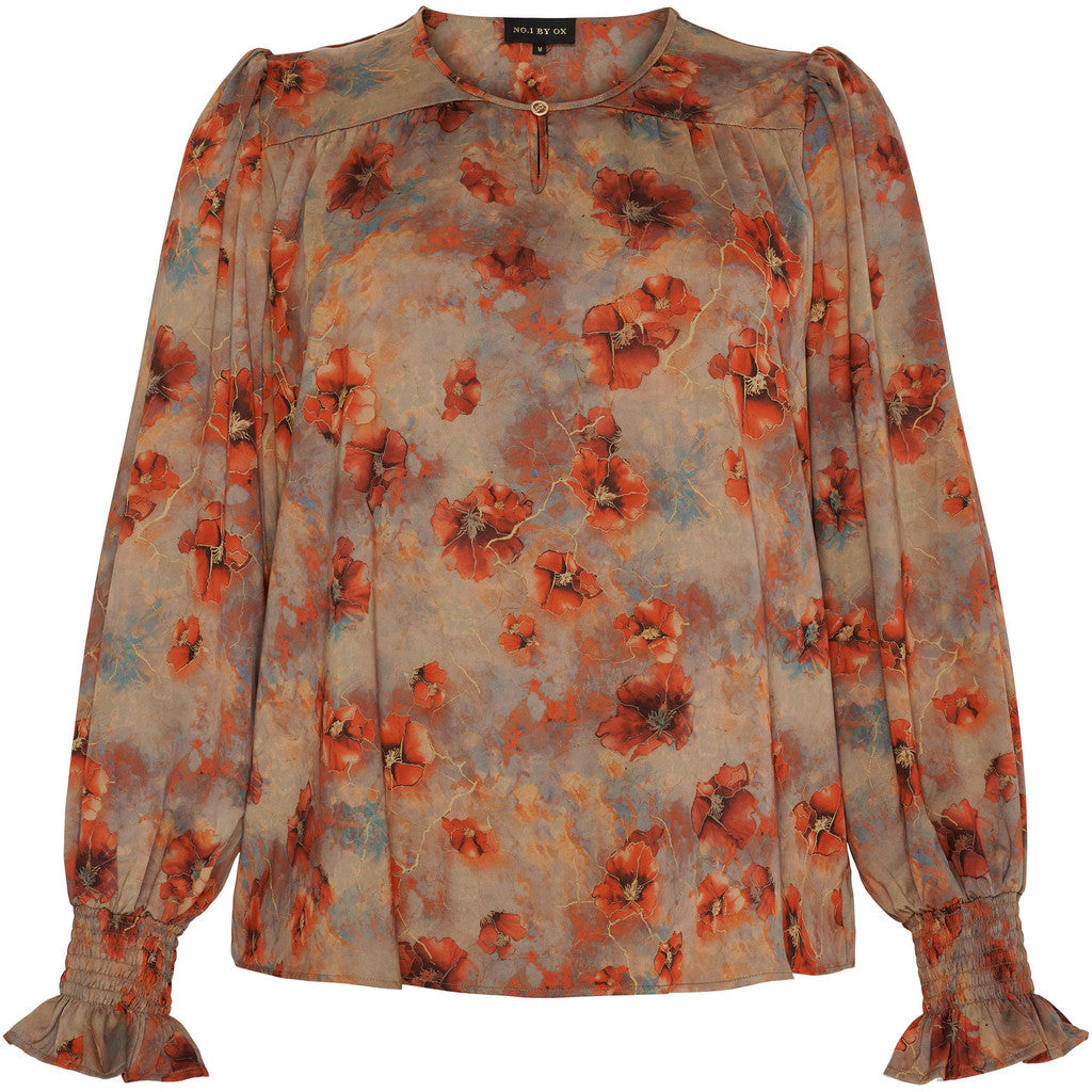 NO. 1 BY OX Blouse w Slit in front and LS w smock flair cuffs Bluser Earth Brown w Red Flowers