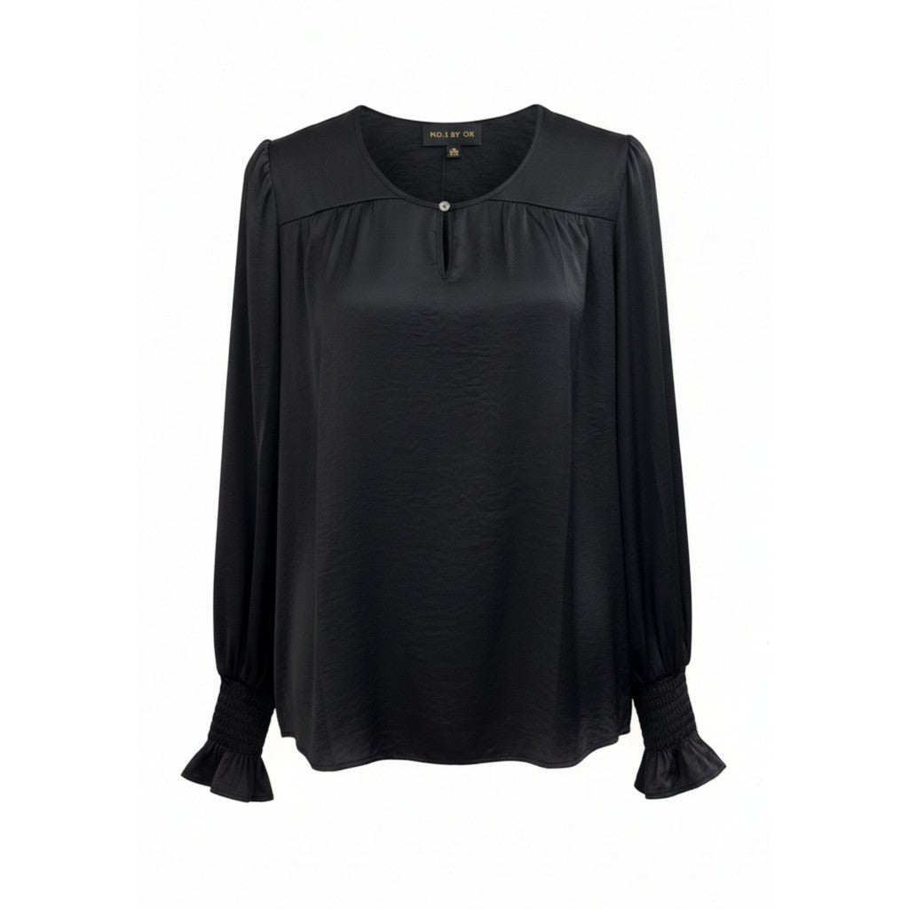 NO. 1 BY OX Blouse w slit in front and LS w smock flair cuffs Bluser Sort