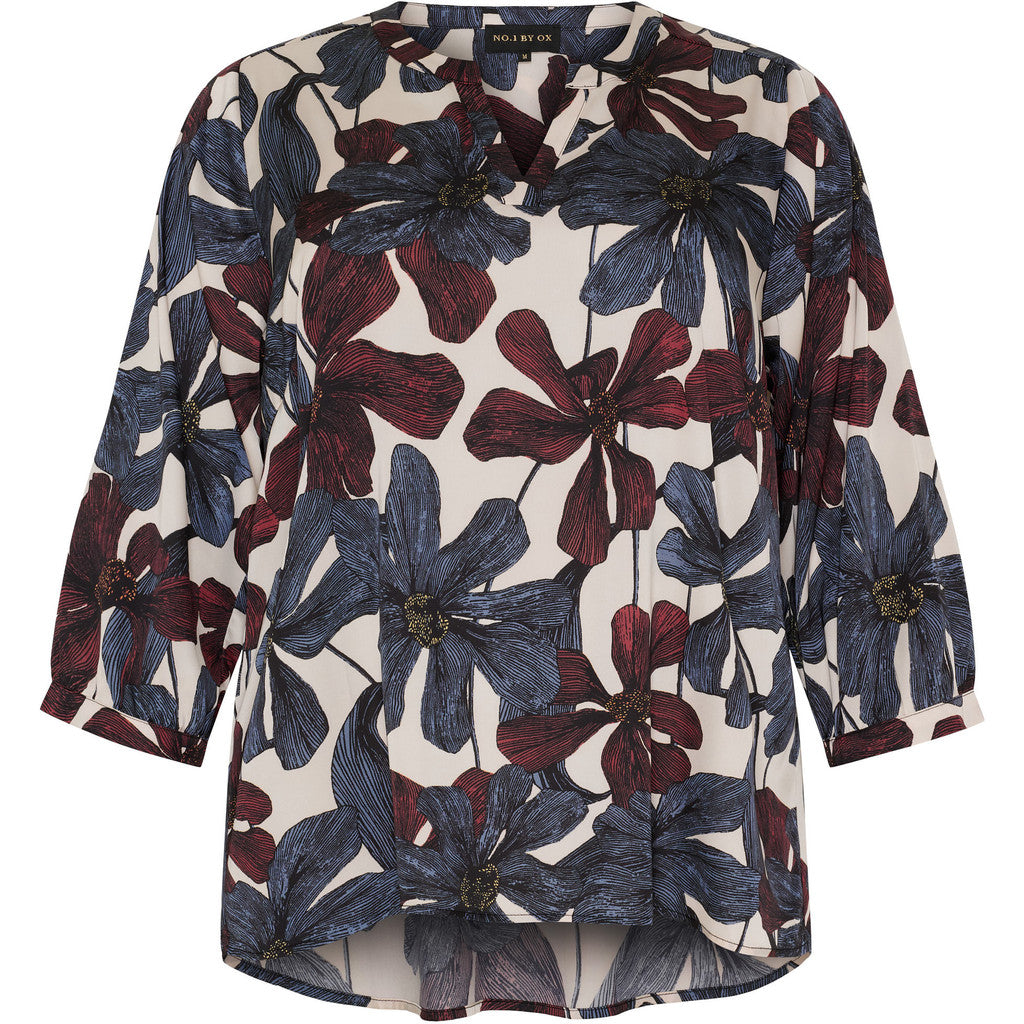 NO. 1 BY OX Bluse med 3/4 ærmer Bluser Cream White W big Blue, Decadent Chocolate Flowers