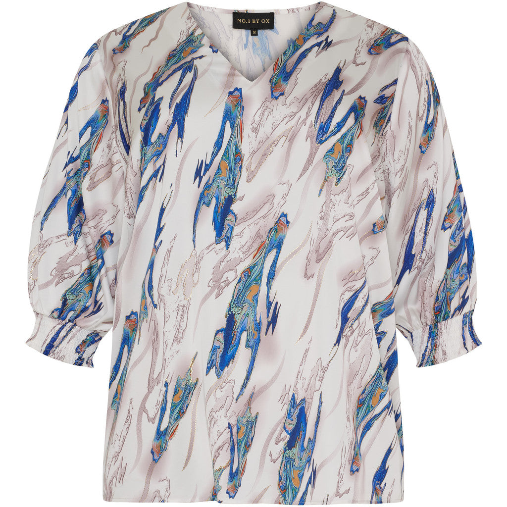 NO. 1 BY OX Bluse med v-udskæring Skjorter White w Blue blush waves and gold foil lines