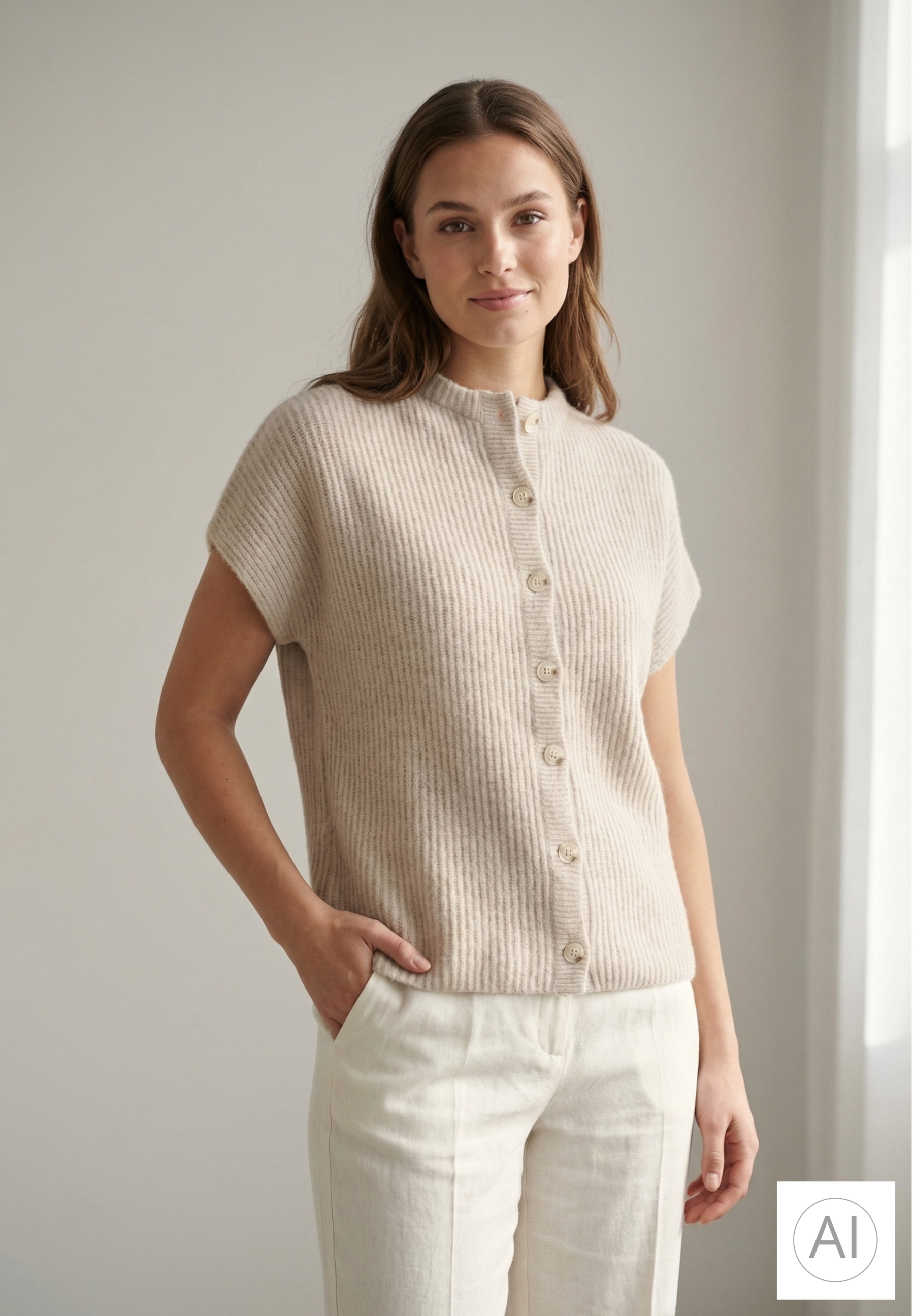 BTFCPH Cashmere cardigan med korte ærmer i vaskebjørnsgarn Veste Light Beige